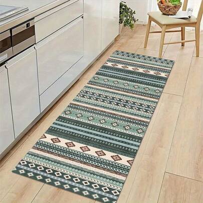 1pc Green Rhombus Pattern Runner Rug, Moroccan Carpet, Bohemian Hallway Long Rug, Area Rug, Home Decor, Living Room Rug, Bedroom Decor, Washable Carpet, Modern Creative Fashion Rug, Living Room Carpet