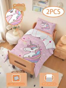 2PCS Toddler Bedding Set Cartoon Unicorn Duvet Set(Four Season Collection) Double-Faced Duvet Cover Set For Baby Children'S Machine Washable Suitable For Newborn Beds Crib Giving Gifts During Holidays (1 Single-Sided Printed Pillowcase+1 Double-Sided Printed Duvet Cover,No Filling Material) The Pillowcase Is Single-Sided Printed And Measures 40x60cm 100% Polyester - Multicolor - View 5