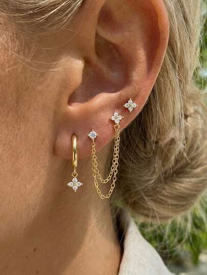 3pcs/Set Four-Leaf Clover Earrings, Fashion Design Street Style Vintage Glitter Chain Tassel Pendant Earring Set, Suitable For Parties, Gifts, Commuting, Daily Wear