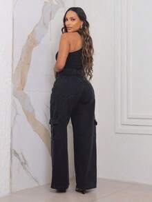 Women's Black Cargo Jeans With Pocket - màu đen - Xem 3