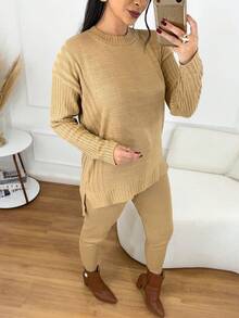 Women's Ribbed Knit Set: Mullet Blouse With Long Sleeves, Sweatshirt Set, Sweater, And Jogger Pants With Drawstring Cuffs - Winter Look - 米色 - 查看 3