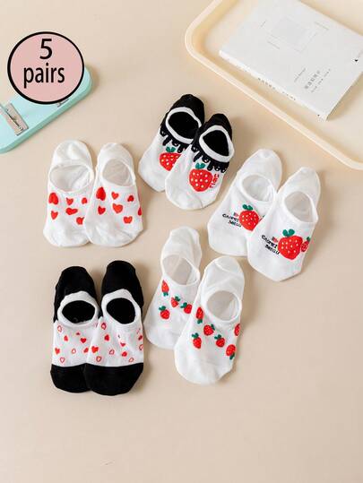 5双装女士春夏袜，可爱草莓爱心图案船袜，经典简约百搭低帮踝袜，硅胶防滑后跟，柔软舒适，适合日常休闲穿着，四季皆宜。