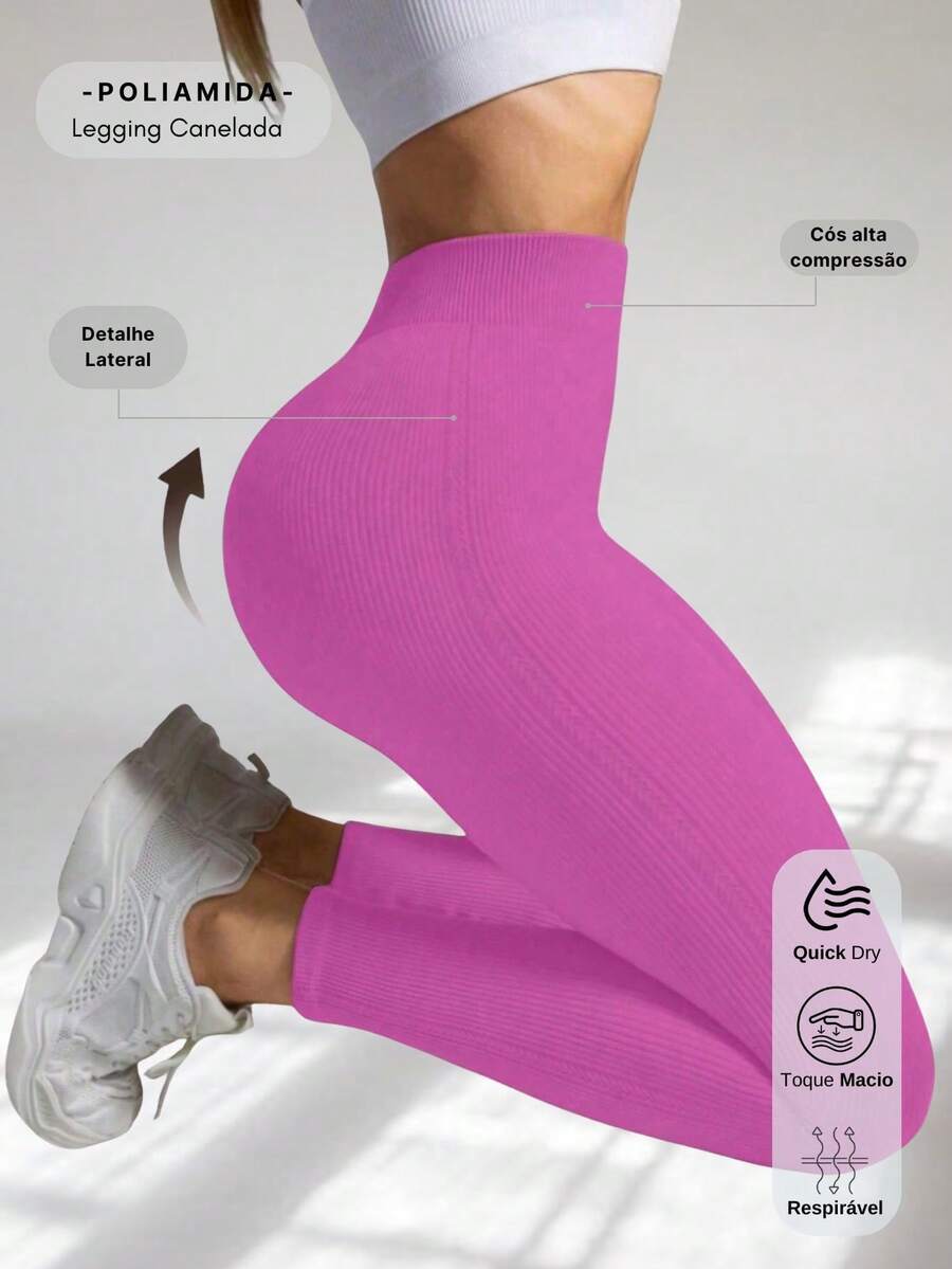 Ribbed Leggings In High Compression Polyamide With Side Detail - Rosa Fucsia - Ver 1