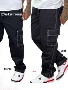 Set Of 2 Men's Cargo Pants In Neutral Colors For Everyday Use, Large Pockets, Streetwear Style, Loose Fit, Zippered, Perfect For Going Out. - 黑色 - 查看 8