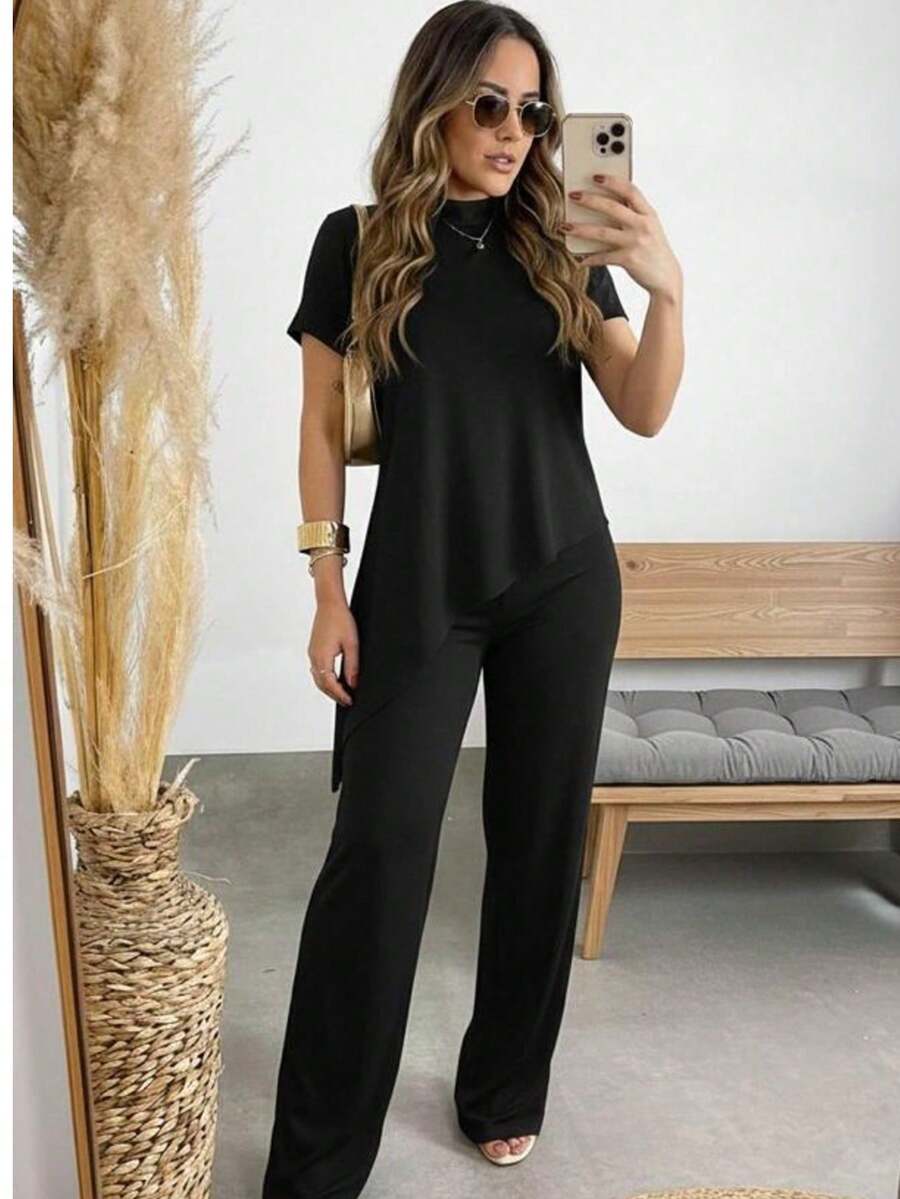 Women's Set: Wide-Leg Pants And Short-Sleeve Ribbed Blouse - Spring Casual Stylish Look - Fashion - Negro - Ver 1