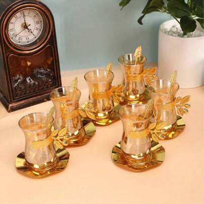 6pcs Gold Color Glass Cup Set With Saucers And Spoons, Multifunctional Glass Cup Set, Tea Cup Set, Coffee Cup And Saucer Set With Spoons, Gold Handle Mugs For Home, Nordic Minimalist Milk Cup, Afternoon Tea Cup, Red Tea Cup, Valentine's Day Gift