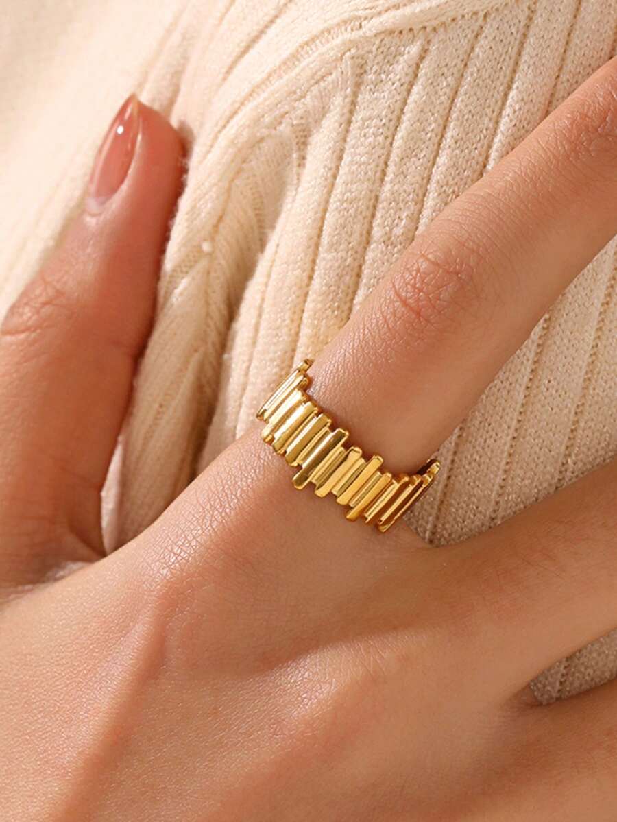 1pc 18K Gold Plated Stainless Steel Unique Hip-Hop Piano Key Geometric Open Ring, Suitable For Women's Daily Wear - Gold - View 1