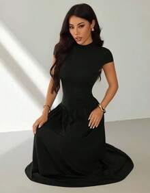 Women's Long Dress With High Neck, Short Sleeves, Loose Fit, Evangelical/Formal Fashion - màu đen - Xem 5