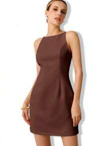 MODA MO, REF: AS1865 - Women's Short Sleeveless Dress With Thin Straps And A Back Zipper. Comfortable To Wear, This Elegant Summer Dress Flatters The Figure And Is Suitable For Everyday Wear. - 巧克力棕 - 查看 5