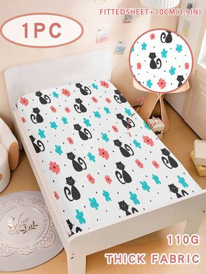 1PC Whimsical Black Cat & Floral Print Fitted Sheet, Cute Cartoon Bedding For Cat-Loving Kids, Ideal For Bedroom & Playroom Decor