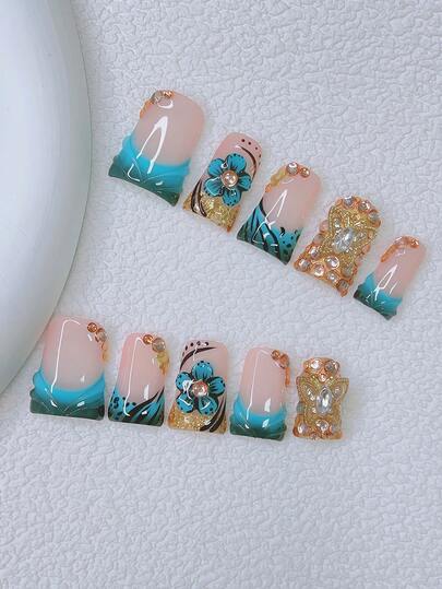 10 piezas Conjunto de uñas postizas con diseño de pico de pato estilo Y2K - Hechas a mano, uñas azules, uñas rosas, degradado azul y negro con estilo de puntas francesas, flores 3D hechas a mano, diseño de flor azul 3D, rama de flor negra dibujada a mano y gota de agua 3D, mariposa dorada y flor dorada con acentos de piedras de rhinestone doradas hechas a mano