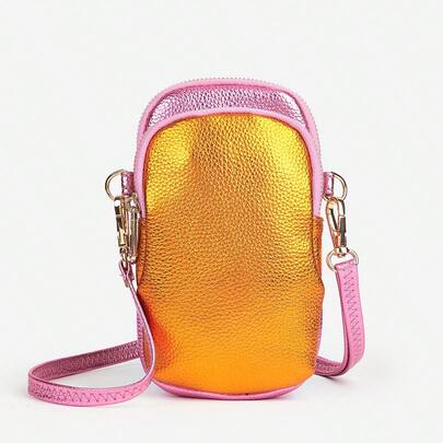 Ny trendig metallisk färg glansig mjuk PU-läder silver kontrastfärgad mini axelväska, guldfärgad blockväska med flera fack för telefonen, mångsidig myntväska med korthållare, söt liten midjeväska i millenniumstil