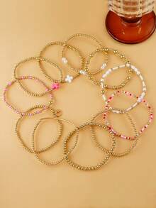 11件套女士十字手链套装，彩色珠子，CCB珠子，仿珍珠多层弹力手链，生日礼物 - 彩色 - 查看 5