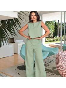 Women's Linen Set: Pants With Pockets And Stylish Blouse - Màu xanh Ô liu - Xem 3