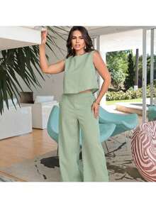 Women's Linen Set: Pants With Pockets And Stylish Blouse - Màu xanh Ô liu - Xem 1