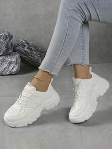 1 Pair Casual Sneakers For Teens, Breathable Mesh Upper, Thick Sole, Platform, Fashionable & Versatile White Shoes, Comfortable & Non-Slip, Suitable For Girls, Students, Campus, All Seasons - White - View 5