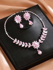 1 Set de Collar y Aretes de Mujer con Flor, Joyería de Cobre y Circonita - Color 8557-3 - Ver 9