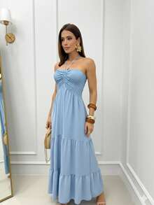 Long Dress With Three Tiers, Elasticated Tie, Strapless, Multi-Way Style, Halter Neck, Boho Style, Gathered Hem With Ruffle, Layered, For Weddings, Parties, Everyday Wear, Elegant. - Màu xanh nhạt - Xem 3