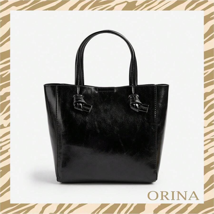 新款前卫时尚金属皮革磁扣轻便通勤手提包，朋克Y2K斜挎包，适合造型和日常出行 - 黑色 - 查看 1