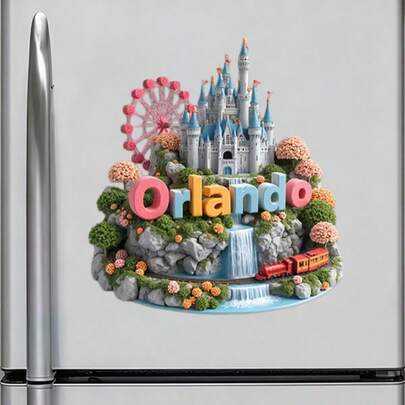 Un trozo de magia del parque temático: Imán de Orlando con castillos y atracciones en relieve, detalles alegres que capturan el espíritu de la diversión - Aventura lista para la nevera
