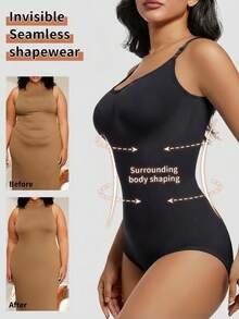 1 pieza Body sin mangas con cuello en V para mujer, control de abdomen y levantamiento de glúteos, alta elasticidad - Negro - Ver 13