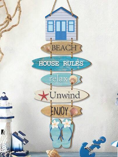 7-Piece Beach-Themed Wooden Wall Decoration, Beach Bathroom Decoration Sign, Nautical-Style Hanging Wall Sign, Flip-Flop Sign Decoration, Ocean Art, Coastal Style Decoration, Suitable For Front Door Decoration Of Ocean View Rooms, Beach Outdoor Decoration, Nautical-Themed Home Wall Decoration, Beach-Themed Wall Decoration, Bathroom Wall Decoration