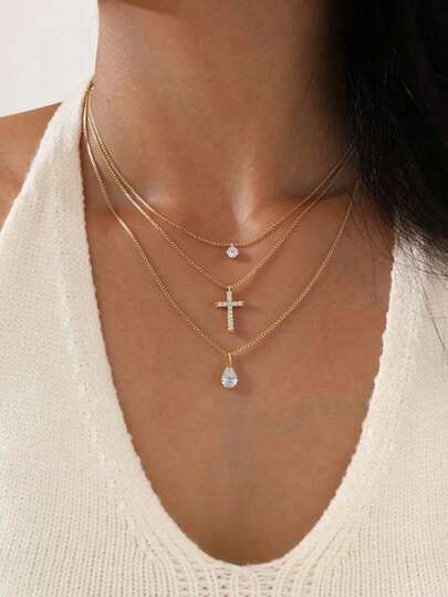 3pcs Elegant Cubic Zirconia Water Drop & Cross Pendant Multilayer Necklace Set, Stackable Necklaces, Women's Daily, Date, Party Accessory, Holiday Gift