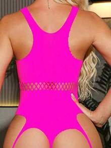 女士性感渔网连体衣，紧身网纱连体裤，内衣睡衣 - 玫紅色 - 查看 3