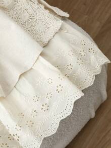 Falda larga de verano/primavera de nueva tela de lino y algodón con doble capa y bordado, falda larga plisada con cintura elástica y estampado floral, versátil y casual - Albaricoque - Ver 5