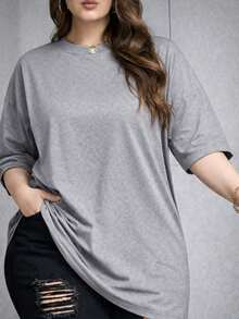 Women's Plus Size Plain Crew Neck T-Shirt,  And Oversized - 灰色 - 查看 2