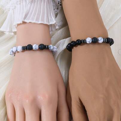 2 piezas Pulseras elásticas bohemias vintage con cuentas de piedra volcánica turquesa negra y blanca, adecuadas para hombres y mujeres