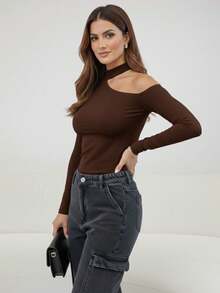 Women's Blouse With Cutout Shoulder, High Neck, Long Sleeves, Fitted, Elegant - Rust Brown - View 4