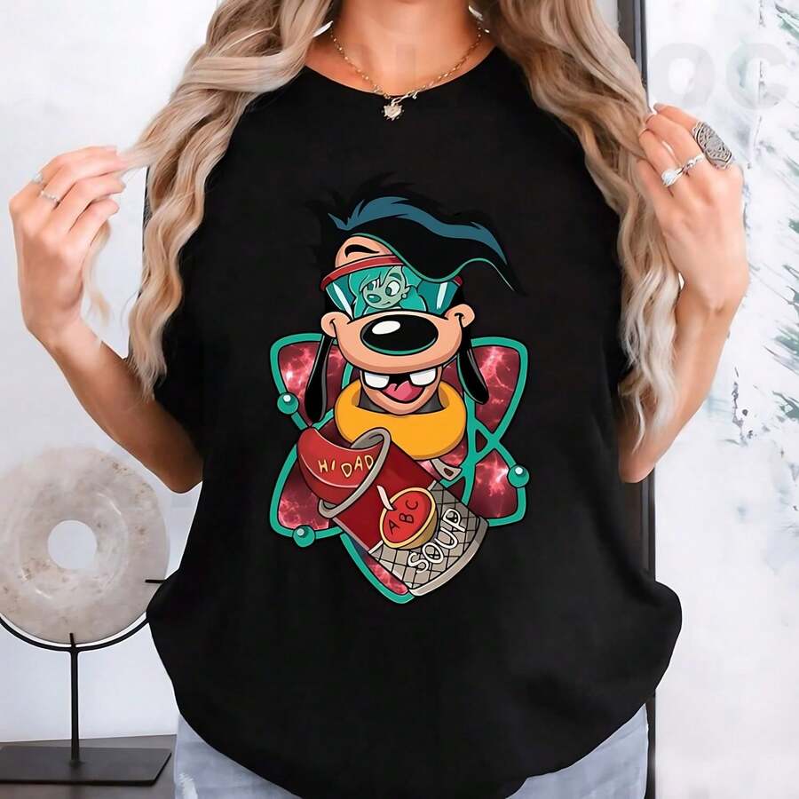 Camisa retro de los 90 con Max, Goofy y Roxanne "Hola papá", Camisa de la película "Un Goofy en la universidad" de , Camisa a juego familiar de Disneyland, Camiseta del Reino Mágico - Negro - Ver 1