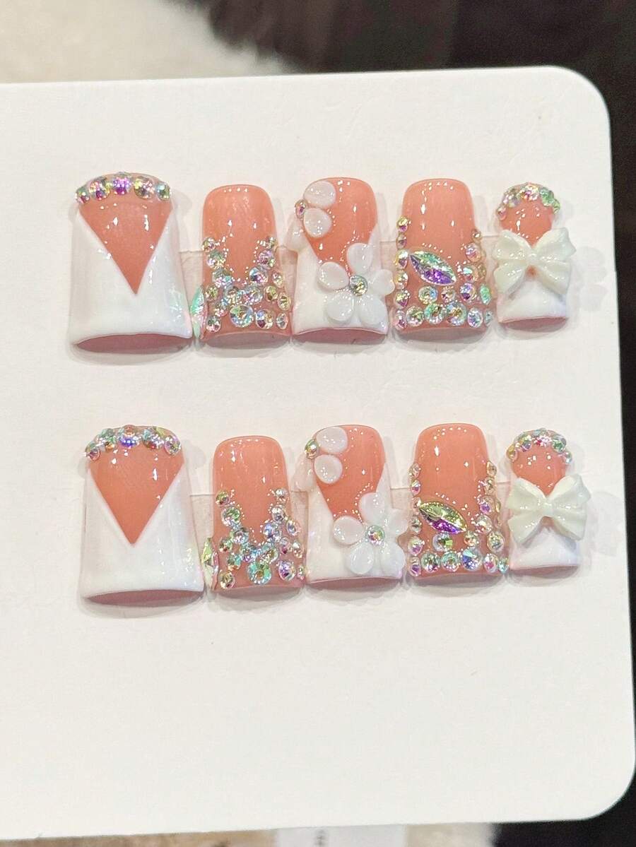 10pcs Handmade Nail Art Stick-On Nails, Removable Acrylic Fake Nails With Cute Bow, Flower, Rhinestone Designs, Suitable For New Year, Valentine's Day, Party, Spring/Summer/Autumn/Winter - Red and White - View 1