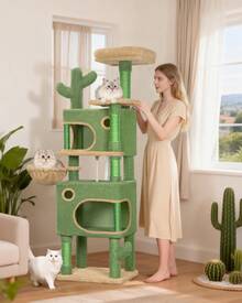 Árbol para gatos Cactus de 165 cm con 6 postes rascadores, 2 plataformas, 2 cuevas, cesta, bolas de peluche y cuerda de sisal. Apto para gatos de varios tamaños. Color verde y marrón. - marrón verdoso - Ver 2