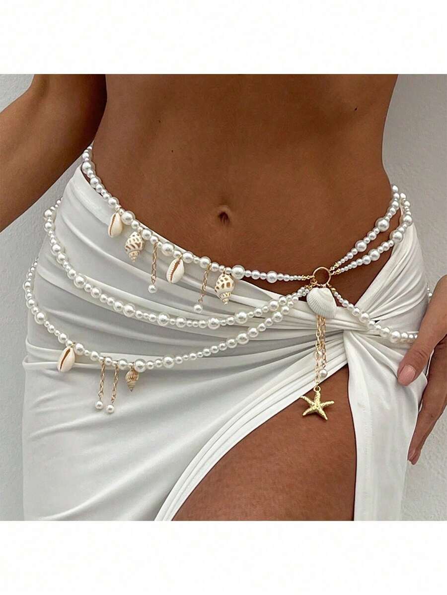 1 st bohemisk strandsnäckskedja i midja, konstgjord pärla med sjöstjärnor och snäckskal, lämplig för fester, presenter, vardagskläder - Multifärgad - Visa 1