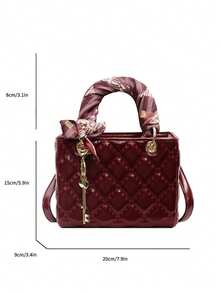 Bolso de mano de piel de poliuretano de unicolor con patrón de rombos y decoración de colgante, bolso de hombro elegante multifuncional para dama, bolso de moda, bolso chic para oficina, trabajo y negocios - Burdeos - Ver 3