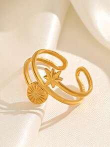 1pc 18K Gold Plated Stainless Steel Geometric Star Open Ring, Suitable For Women's Daily Wear, Holiday Gift - Gold - View 5