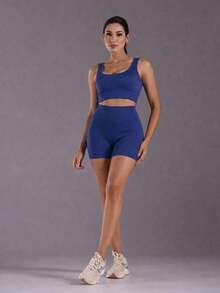 jelik fashions 3-Piece Ribbed Knit Set Includes 3 Pieces: Top, Leggings, And Shaping Shorts - Fitness, High-Waisted, For Gym, Walking - Màu xanh hải quân - Xem 9