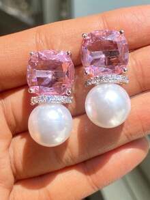 1 par de pendientes de gota con circonita cúbica y perla falsa de lujo para mujeres, para boda, compromiso, aniversario, fiesta, joyería, regalo del Día de San Valentín - 1# - Ver 4