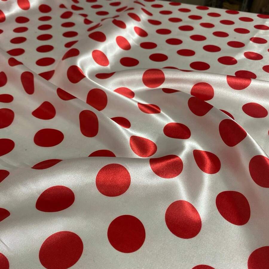 Polka Dot Print Satin Fabric In Various Colors, 1.40m, For Costumes And Parties. - White Ball Red - View 1