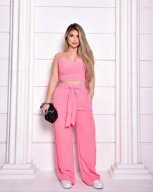 Women's Set: Wide-Leg Pants And Cropped Top With Padded Cups And Adjustable Straps. Available In Autumn/Winter Colors. - Pink - View 1