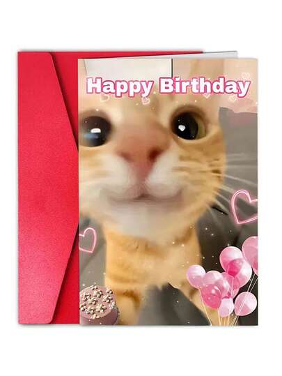 1-pack roligt födelsedagskort med kuvert - söt ingefärakattdesign, rosa ballong- och hjärtmönster - unikt kreativt kort lämpligt för husdjursägare, katt-/hundentusiaster, vänner och familj - perfekt födelsedagspresent, festligt brevpapper, rolig design, dekorativa element