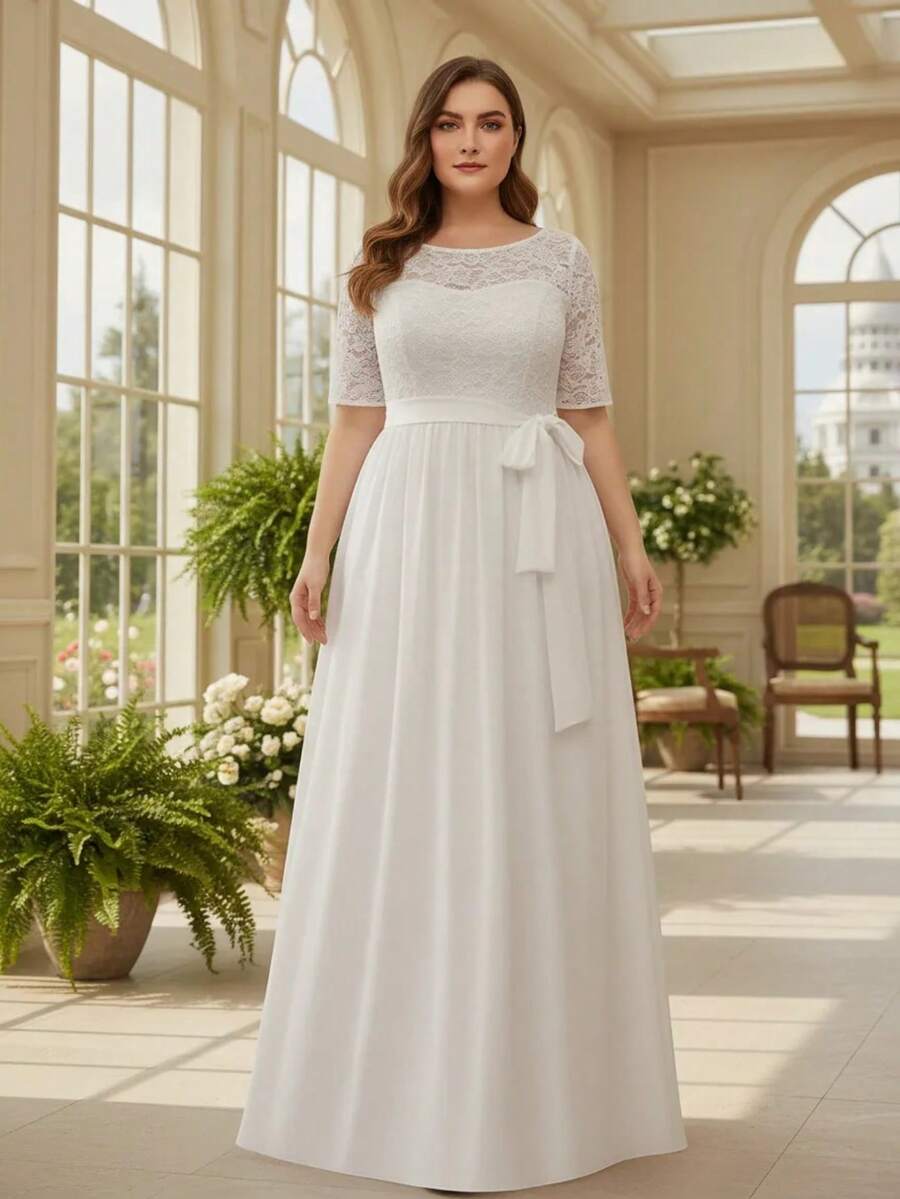 Lace Bride Wedding Dress 55 Plus Size Long Civil Party - 白色 - 查看 1