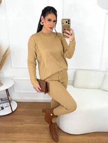 Women's Ribbed Knit Set: Mullet Blouse With Long Sleeves, Sweatshirt Set, Sweater, And Jogger Pants With Drawstring Cuffs - Winter Look - 米色 - 查看 4
