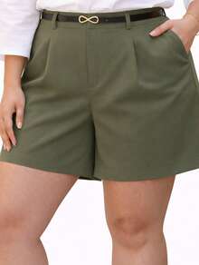 Women's Plus Size Tailored Shorts With Belt And Pockets, High Waist - xanh quân đội - Xem 2