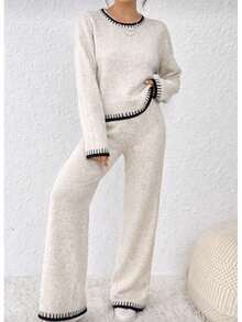Basic Striped Mousse Women's Knit Set For Autumn/Winter - Natural - View 2