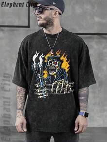 Deadpool Inspired Washed Short Sleeve T Shirt For Men And Women 100 Percent Cotton Heavyweight Graphic Tee With Skull Elephant City Print Casual Summer Top Perfect Gift For 2025 - Black - View 2