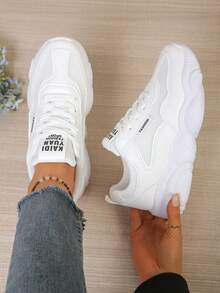 Giày thể thao nữ màu trắng kiểu Anh buộc dây, đế hình gấu trúc, mũi tròn, cổ thấp, đế dày chống trơn trượt, giày casual thời trang thoáng khí, giày chunky dành cho học sinh. - trắng - Xem 2