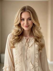 Women's Blouse / Cotton / With Ruffle Front / With Ruffle Details On Sleeves / Super Comfortable / Pleated Knot / Vacation Home - Champagne - View 3